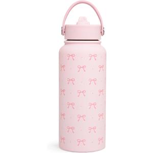Pink Bow Water Bottle Stainless Steel Insulated Vacuum 32oz with Lid, Gifts for Women Girls Teens Birthday Christmas