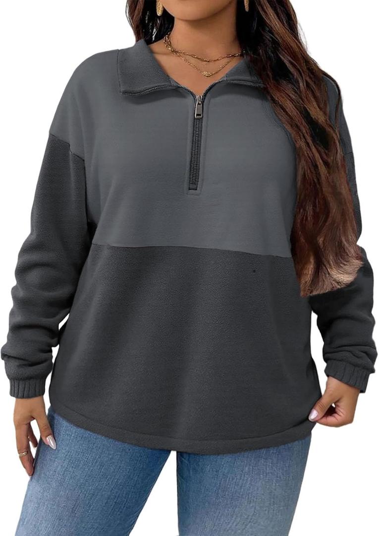 ROSRISS Plus-Size-Sweatshirts-for-Women Oversized Long Sleeve Color Block Shirts Warm Half Zip Polar Fleece Pullover Tops (XX-Large, 02_dark Grey)