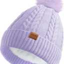 Women's Winter Fleece Beanie Hat, Warm Soft Wool Lined Knit Cross Cap with Pom Pom Snow (Light Purple)
