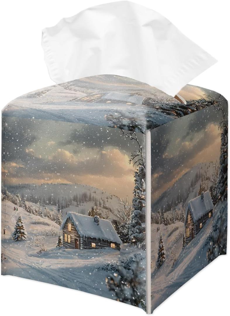 Christmas Tissue Box Holder, Winter Village Leather Tissue Box Cover Square, Waterproof Facial Paper Organizer Dispenser for Home Bathroom Bedroom Dresser Night Stand Office Countertop -008