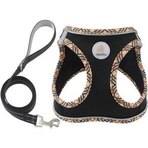 Hipubby Dog Harness Small Sized and Leash Set, No Pull Soft Mesh Puppy Vest, Reflective Breathable Lightweight Pet Harness, Harness for Small Medium Dogs and Cats - Black/Khaki Trim, M (M (Chest: 16.8"-18.5"))