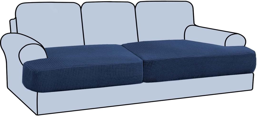 H.VERSAILTEX Stretch 2 Piece T Cushion Sofa Slipcovers Individually Sofa Cushion Covers for 2 Cushion Couch Sofa Seat Cushion Covers with Elastic Bands Featuring Thicker Jacquard Fabric, Navy