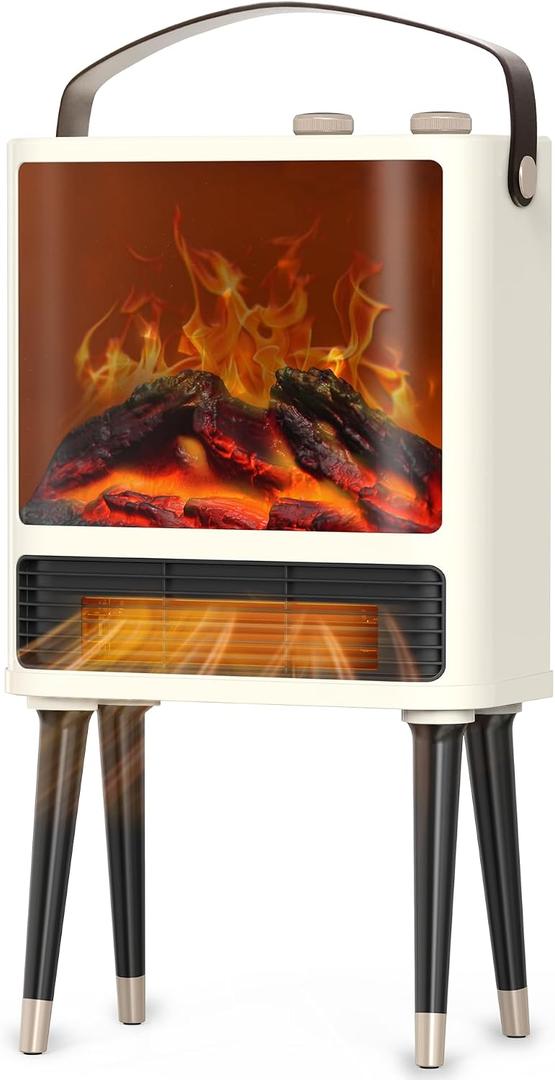 Fireplace Space Heater for Indoor Use, 1500W Freestanding Electric Heater with Realistic 3D LED Flame, 3 Modes, Overheating & Tip-Over Protection, Small Portable Heater for Bedroom Room Office, White