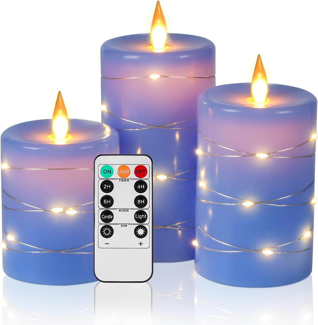 Da by Flameless Candles with String LightsBattery Operated Candles,LED Flickering Candles with Remote Control and Timer, Real Wax, 3 Pack-Blue.