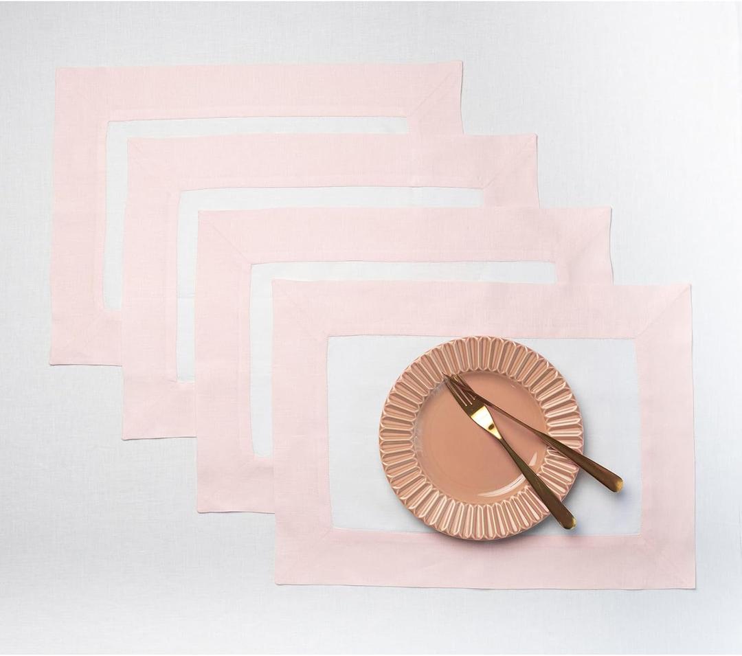 Solino Home Linen Placemats Set of 4 - Blush Pink and White Placemats 14 x 19 Inch - 100% Pure Linen Table Place Mats for Spring, Mothers Day, Summer - Contempo, Handcrafted and Machine Washable (14 x 19 Inch (Set of 4), Blush Pink & White)