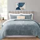 RECYCO Luxury Velvet Quilt Set King Size Bedding Sets, Ultra Soft Velvet Comforter Set, Lightweight Channel Box Stitch Oversized Bedspread Coverlet for All Season, with 2 Shams, Blue Linen, King/Cal King