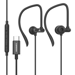 USB C Headphones with Microphone Wired USB C Earphones for Sports and Running Type C Earbuds Hooks Volume Control, Compatible with iPhone 16/15, Samsung, Google and Other Type C Smart Phone, Black