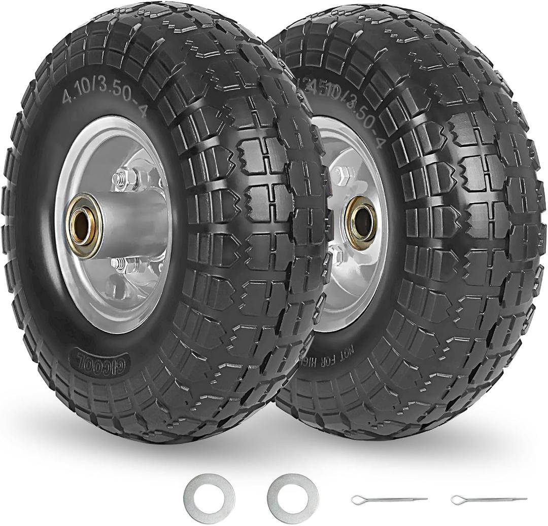 GICOOL 4.10/3.50-4" Flat Free Tire and Wheel, 10" Heavy Duty Solid Tire, 5/8" Axle Bore Hole, 2.2" Offset Hub, for Hand Truck Garden Cart Wagon Trolley Dolly, 2 Pack