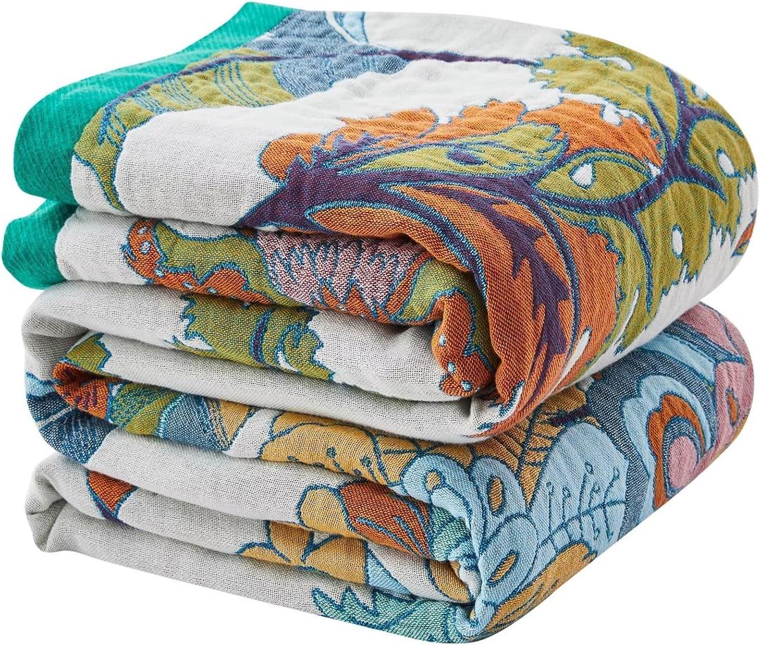 Boho Blanket Soft Muslin BohoThrow Blanket, 100% Cotton Floral Printed Farmhouse Decor All Season Reversible Rustic Throw for Sofa Couch Chair (60"x80")