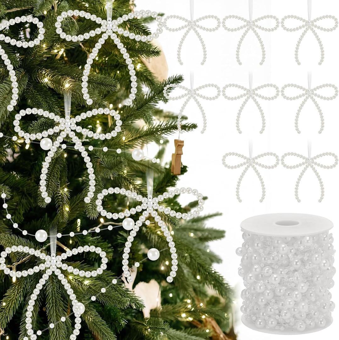 Chunful 37 Pcs Pearl Bow Christmas Tree Ornaments Pearl Bow Beads Garland Decorations for Xmas Cake Holiday Wedding Home Decor Crafts