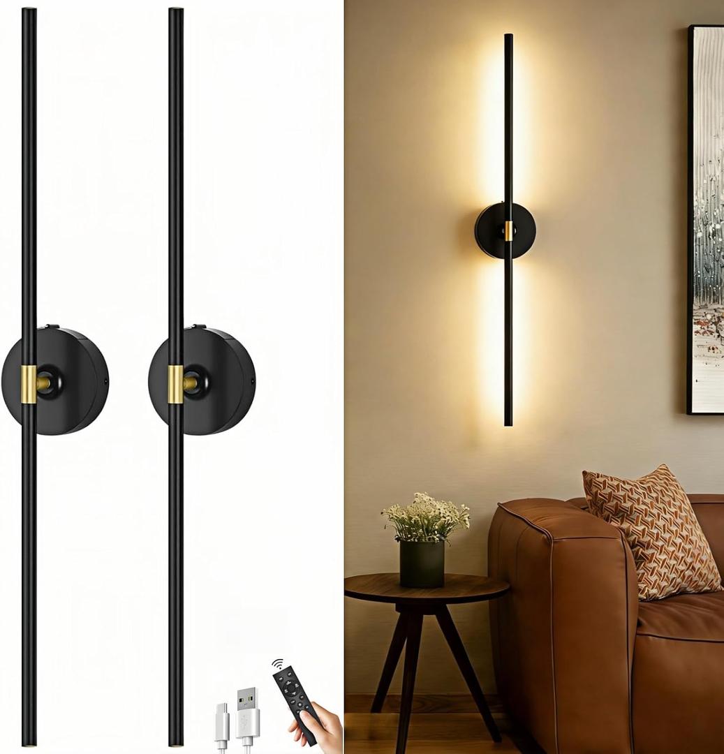 Battery Operated Wall Sconce Set of 2: 10000mAh Wireless Sconces Rechargeable Wall Lights with Touch and Remote, 360 Rotate Cordless Wall Lamp for Bedroom Living Room Hallway, 31.5 Inch, Black