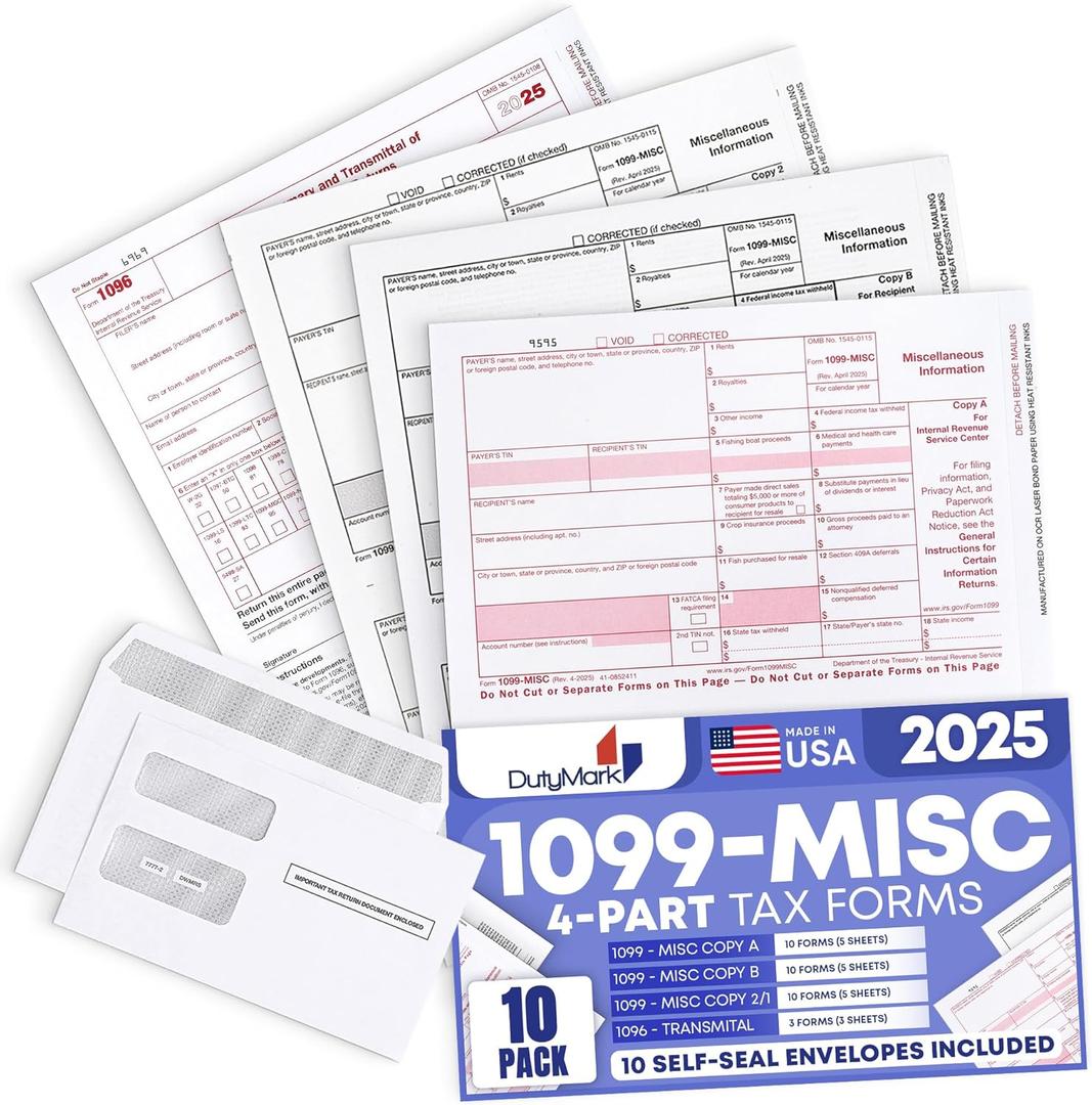 DuryMark 1099 Misc Tax Forms 2025 with Envelopes, 10 Vendor Kit for 4 Part Tax Form, Compatible with QuickBooks and Accountings Software, Self Seal Envelopes, Made in USA