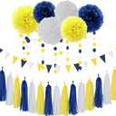 Navy-Blue White-Yellow Graduation Party Decorations - 23pcs Tissue Pom Poms Streamers,Birthday Tassel Garland Banner,Wedding Engagement Baby Bridal Shower Decor Ouruola