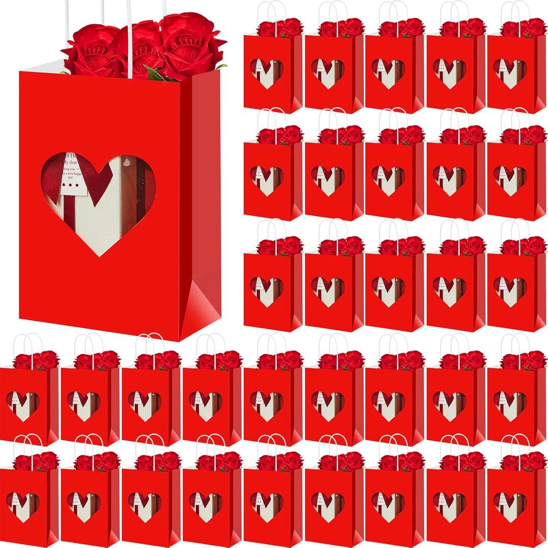 Gilprop 24 Pcs Mother's Day Paper Gift Bags with Heart Clear Window and Handles, Red Pink Treat Bags Bulk for Wedding Favor, Bridal Shower Party Packaging for Candy Cookies Cosmetics (Red)