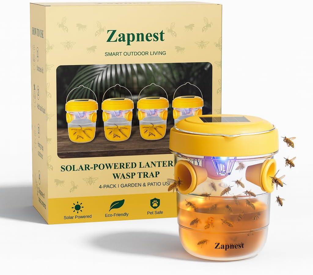 4 Pack Zapnest Solar Wasp Trap Outdoor Hanging Reusable Yellow Jacket, Hornet, Bee & Mud Dauber Catcher Bright Yellow Bug Repellent for Garden, Patio & Yard