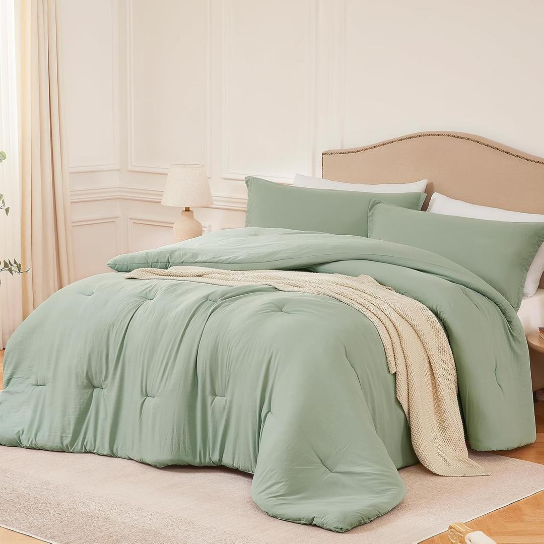 Queen Comforter Sets Sagegreen,3PCS Soft Lightweight Breathable Bedding Comforter Sets for All Season, Queen Size(90''90'' Comforter & 2 Pillowcases)