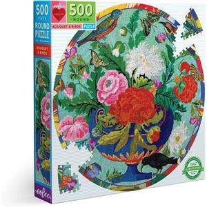 eeBoo: Piece and Love Bouquet and Birds 500 Piece Adult Round Jigsaw Puzzle, Jigsaw Puzzle for Adults and Families, Includes Glossy and Sturdy Pieces