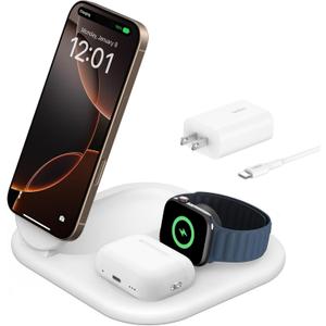 Belkin 3-in-1 MagSafe-Compatible iPhone Charger - Foldable Magnetic Qi2 Certified, MagSafe Charging Station for Phone, Apple Watch, AirPods - Wireless for Multiple Devices (White)