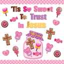 95Pcs Valentine's Day Sweet Candy Christian Bulletin Board Decoration Set Tis So Sweet to Trust in Jesus Valentine's Day Cutout Name Tags Faith Religious Wall Decor for Classroom Preschool Chalkboard