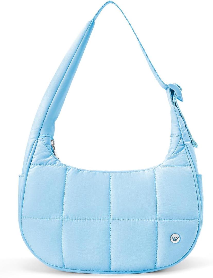 WESTBRONCO Small Puffer Crescent Shoulder Bag for Women, Nylon Quilted Shoulder Purses, Puffy Handbags with Adjustable Strap (Blue)