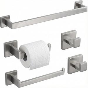 5 Piece Bathroom Hardware Set Brushed Nickel, SUS304 Stainless Steel Towel Bar Set, Modern Square Accessories with 16 Inch Rack Toilet Paper Holder Robe Hooks (Brushed Nickel)