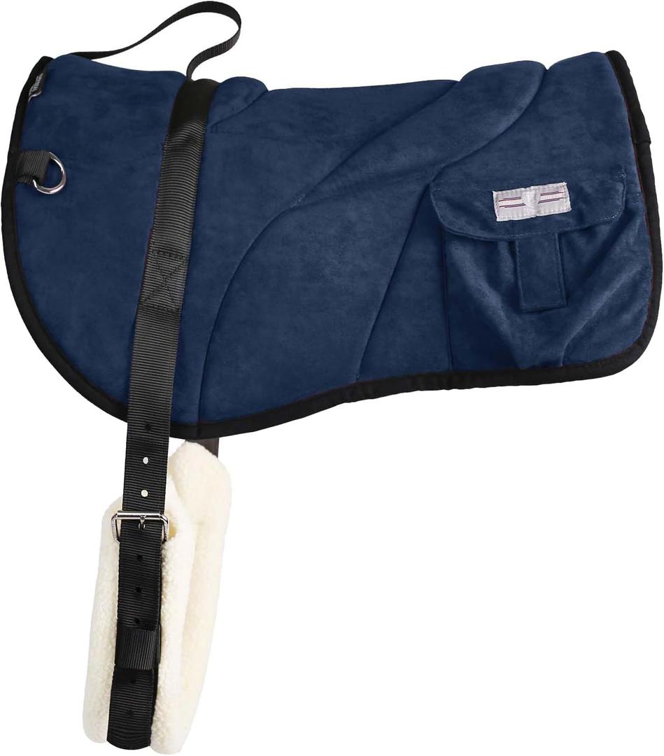 Harrison Howard Ergonomically Designed Correct Bareback Pad with Side Pockets Extra Thick Center for Maximum Support Anti-Slip Bareback Pad Comes with Matching Girth (Navy)