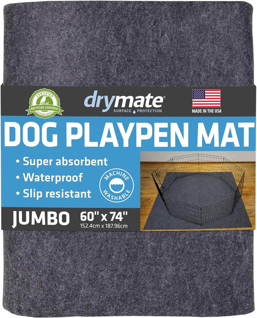 Drymate Jumbo Dog Playpen Mat (60x74), Super Absorbent, Waterproof, Slip-Resistant, Machine Washable, Reusable Puppy Pad for Training, Whelping, Housebreaking, Incontinence, Crate, Kennel (USA Made) (Charcoal)