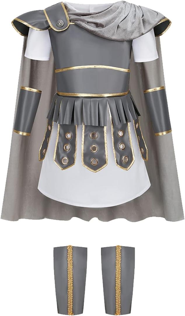 LMYOVE Kids Warrior Costume, Halloween Boys Roman Soldier Gladiator Viking Medieval Historical Role Playing Party  (10-11Y,Grey)