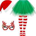 SATINIOR Christmas Costume Set Santa Hat Tutu Skirt Striped Tights Glitter Frame Christmas Glasses for Women