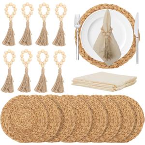 24 PCS Round Woven Placemats Set, 8 Boho Rattan Tablemats 13" Natural Water Hyacinth Farmhouse Place Mats with 8 Cotton Napkins, 8 Wooden Beads Napkin Ring for Kitchen Dining Table Decor