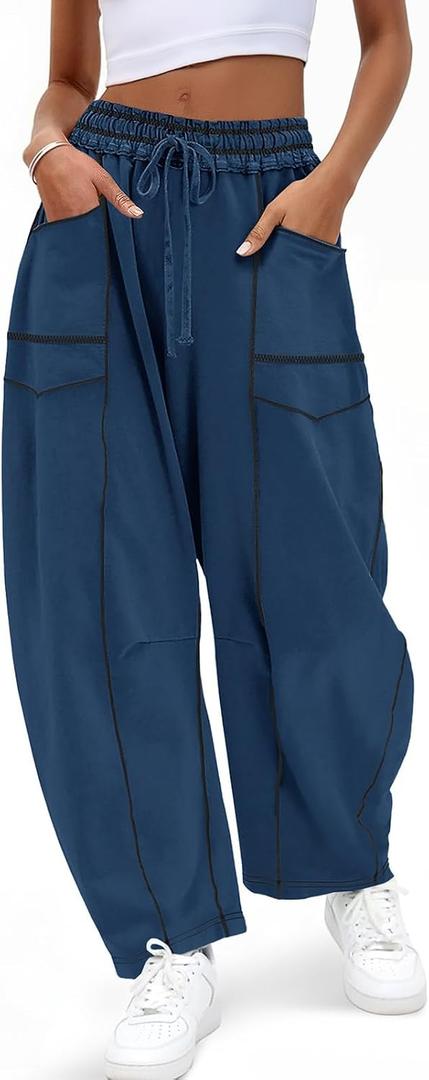 Aoysky Womens Baggy Barrel Wide Leg Pants Casual Drawstring Elastic Waist Contrast Stitch Workout Sweat Pants with Pockets, Large