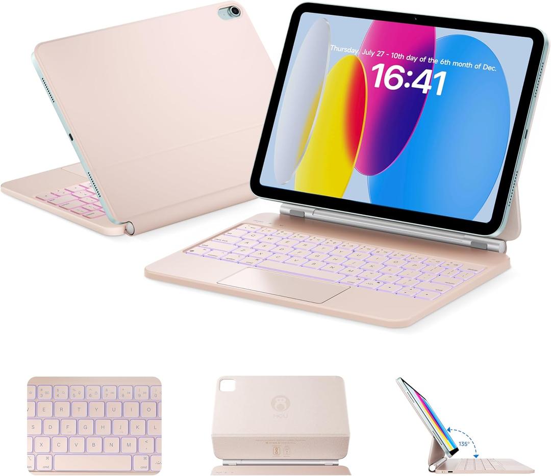 HOU Magnetic Keyboard Case for iPad 11 (A16)/10, 135 Wider Adjustable Tilt, Smooth AG-Glass Touchpad, 12 Shortcut Key Combinations, 7-Color Backlight, Deeper 1.3mm Key Travel, Bluetooth, Pink