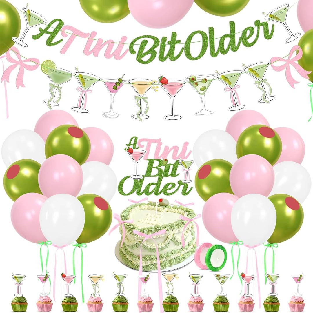 Martini Bow Birthday Party Decorations, Green Pink Glitter A Tini Bit Older Banner Garland Cake Topper Balloons for Girls Women Trendy Martini Bar Birthday Bachelorette Bridal Shower Party Supplies