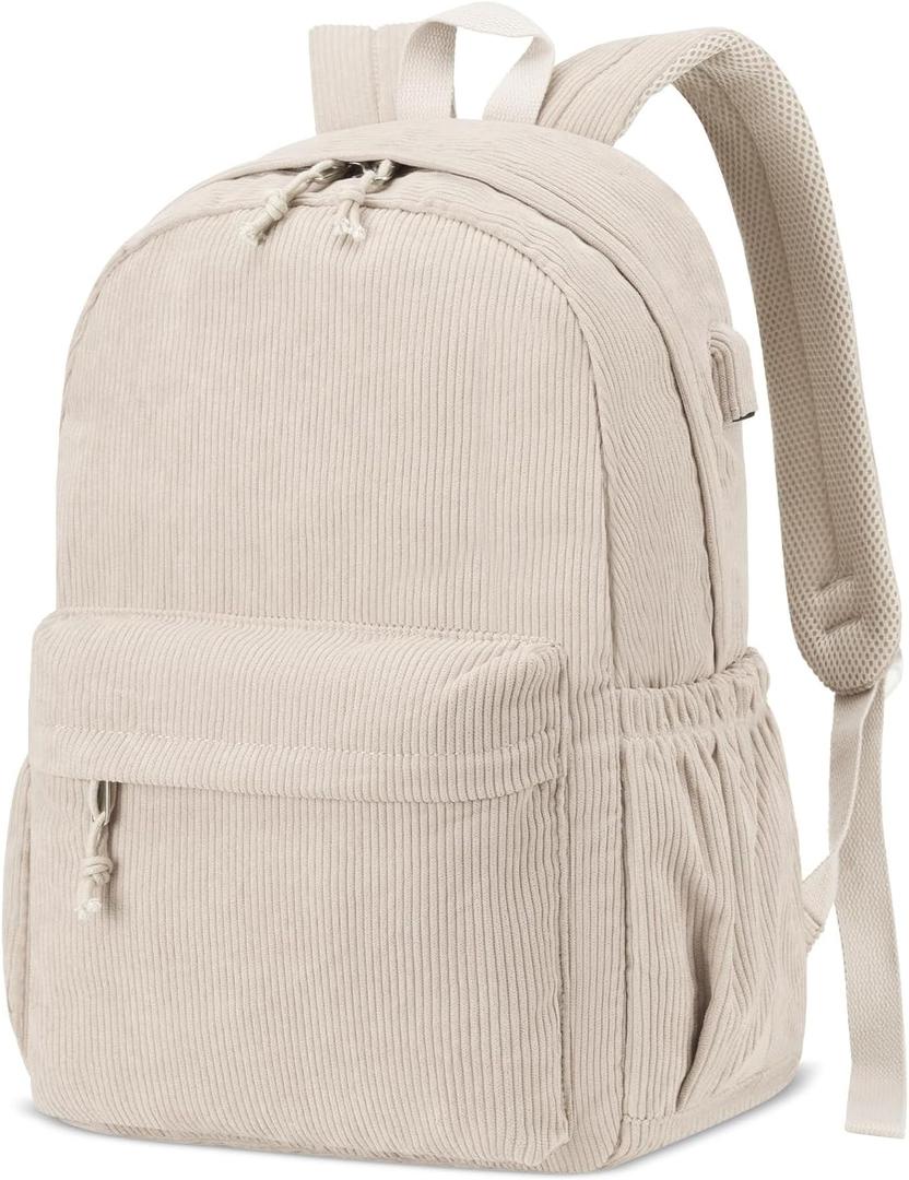 School Backpack for Teens Girls Boys, Large Corduroy College Bookbag Lightweight Backpack Purse for Women Fit for 15.6 Inch Laptop (Beige)