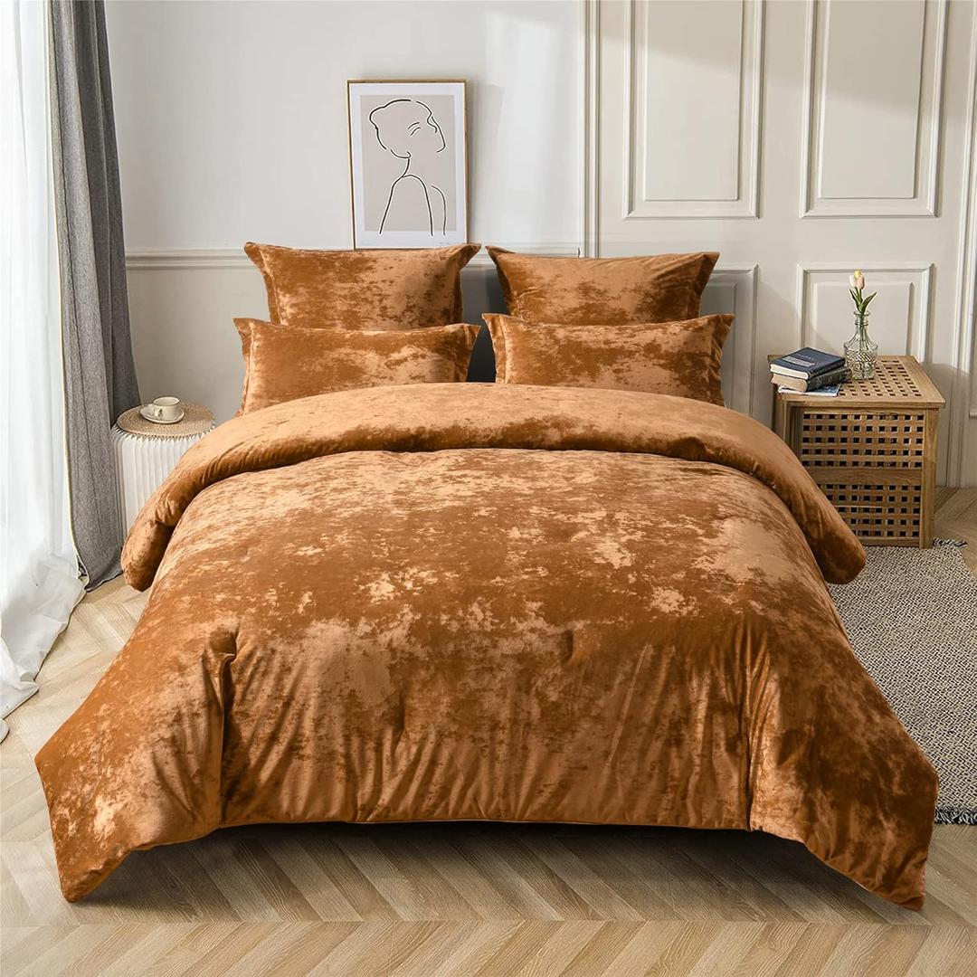 Fredsure Distressed Velvet Comforter Set, 5 Pieces Gold Caramel Queen, Distressed Velvet Face and Brushed Microfiber Reverse