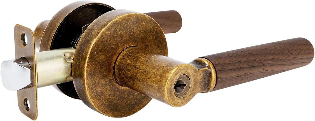 Walnut Wood Entry Door Lever (1 Pack, Aged Brass, Keyed) | Secure Keyed Reversible Handle for Front Entrance & Bedrooms, Zinc Alloy Base