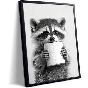 XYHYRA Bathroom Wall Art, Cute Black and White Raccoon Canvas Prints Poster, Funny Animal Decor Oil Painting, Modern Farmhouse Picture Artwork for Bathroom Toilet Wall Decor 8x10 Inch Framed