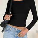 Falechay Long Sleeve Shirts for Women Sexy Backless Striped Tops Going Out T-Shirt Y2K Crop Womens Blouse Boat Neck Outfit (Black, S)