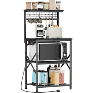 Furologee Kitchen Bakers Rack with Power Outlet, Microwave Oven Stand with Storage 4 Tiers, Coffee Bar Table with 6 S Hooks, Kitchen Storage Shelf Rack for Spices, Pots,Black, 22inch