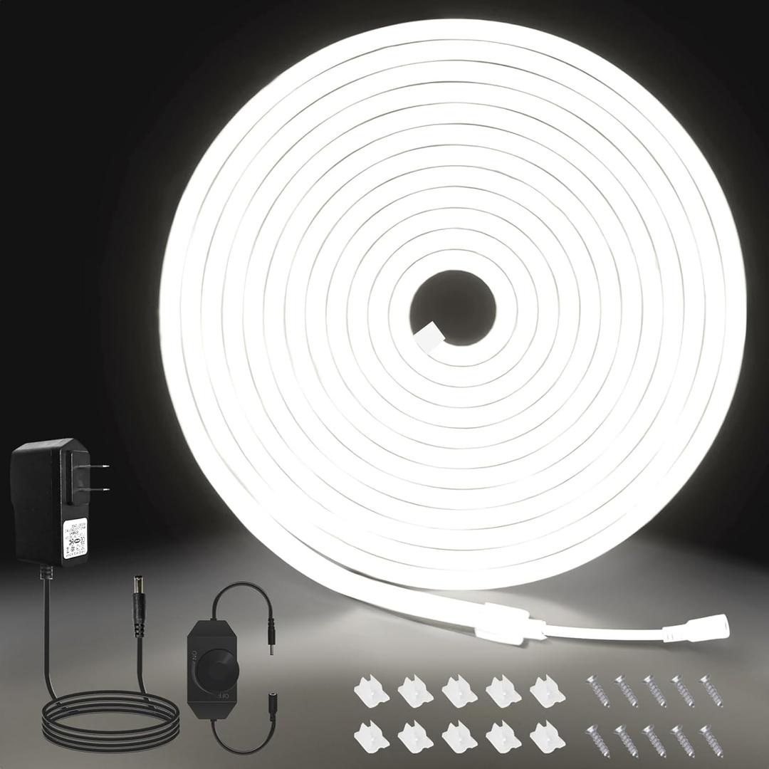 Neon LED Strip Lights, 16.4ft/5m Cool White Neon Light Strip,24V Dimmable Waterproof LED Lights, Flexible Neon Lights for Bedroom Kitchen Indoor Outdoor Decoration (Power Adapter Included)