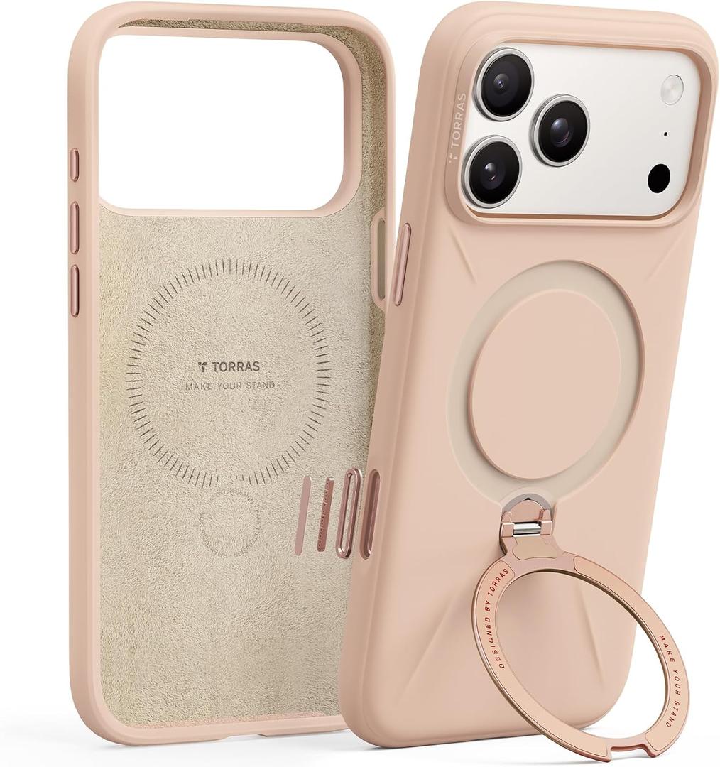TORRAS Q3 Silicone 360 Spin for iPhone 17 Pro Case with Stand, Fit for MagSafe, Magnetic Ring Kickstand with Camera Control, Liquid Silicone Rubber Soft Phone Case for iPhone 17 Pro 6.3'', Bliss Pink