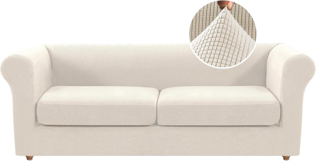 H.VERSAILTEX 3 Pieces Stretch Chesterfield Couch Cover 2 Cushion Sofa Mid Century Deep Seat Slip Covers for Sofas/Couches with Elastic Bottom Thicker Jacquard Fabric(Medium-XL Sofa, Ivory)