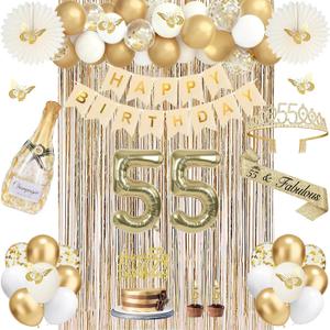 55th Birthday Decorations for Women, Champagne Gold 55th Birthday Gift for Women, 55 Sash and Crown, Banner, Fringe Curtains, Hanging Paper Fans, 55 Year Old Party Supplies Set
