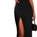 PRETTYGARDEN Women's Summer Formal Wedding Guest Dresses One Shoulder Spaghetti Strap High Slit Maxi Bodycon Dress (Black, M)