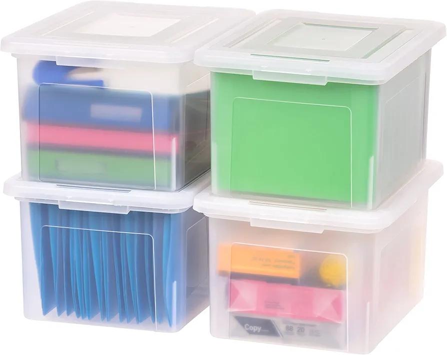 Plastic File Box Organizer with Secure Durable Latching Lid and File Rails, Letter & Legal Size, Nestable and Stackable, 3 Pack, Clear
