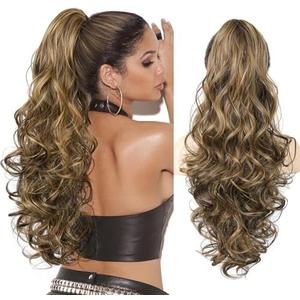 LONAI Ponytail Extension for Women, 26 Inch Claw Clip Ponytail Extensions Wavy Curly Pony Tail Clip in Hair Natural Looking Synthetic Hairpiece for Daily Wear （Chocolate Brown with Medium Blonde