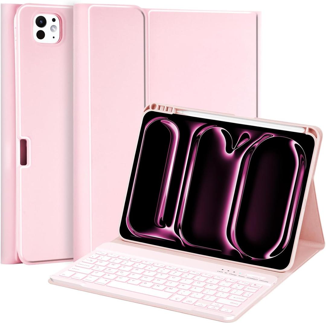 MMK iPad Pro 11 inch Case with Keyboard (2025 M5 / 2024 M4), Magnetic Wireless Detachable Keyboard, for iPad Pro 11 inch 2025/2024 with Pencil Holder - Pink
