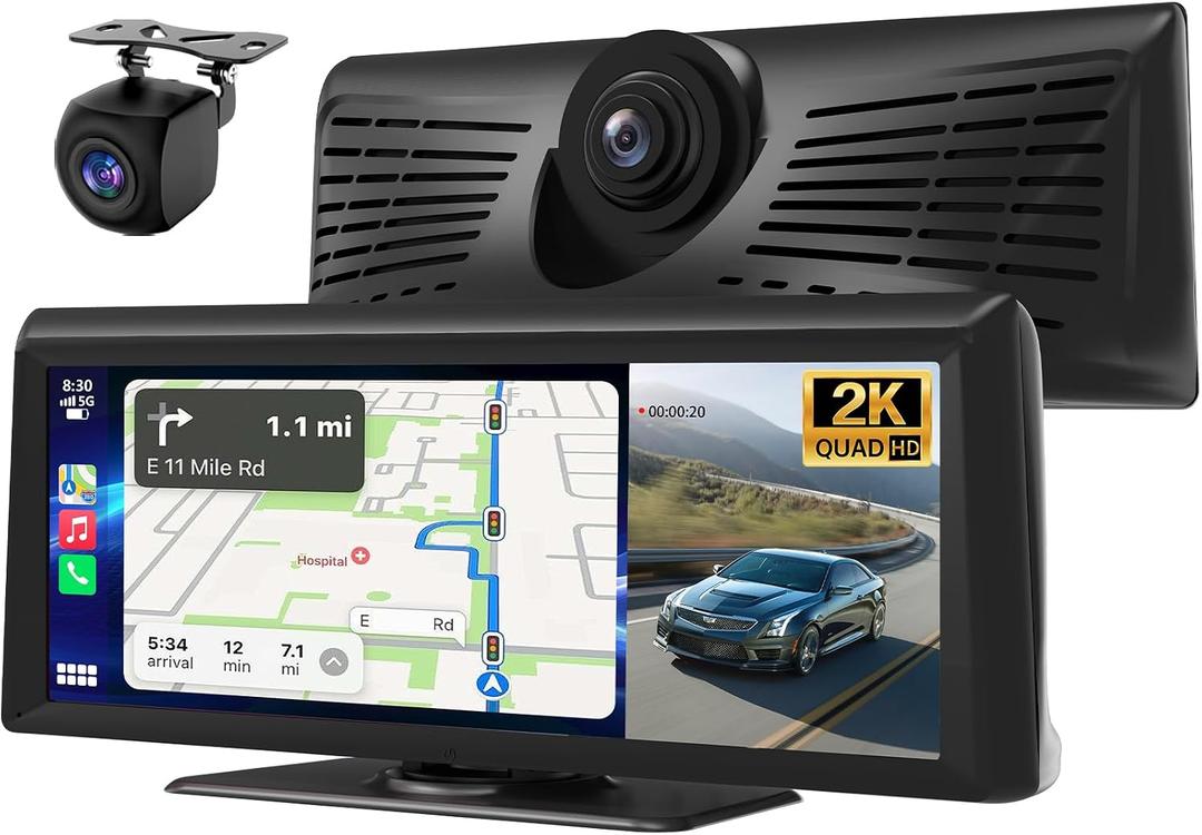 Wireless Carplay Screen for Car with 2K Dash Cam 8.1" HD Portable Car Stereo Touchscreen with Apple CarPlay Android Auto, Voice Control, Bluetooth, Mirror Link, GPS Navigation, 1080P Backup Camera