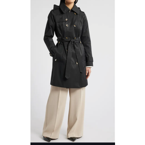 London Fog Missy Hooded Belted Trench Coat Black, Size Large