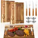 Honeydak 2 Set Acacia Wooden Steak Board Steak Plate Cutting Board with Fork, Knife and Sauce Cups 15.7 Inches Wood Serving Tray for Cheese Charcuterie Meat and Poultry, Birthday Wedding Gift